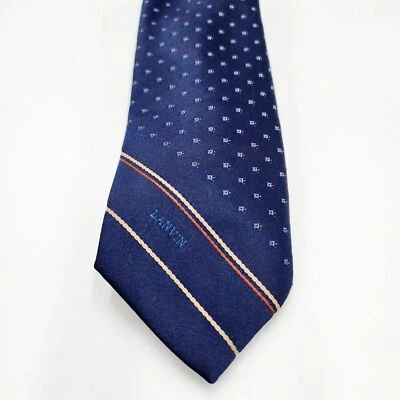 Corbata de seda de lujo a rayas con logotipo azul marino de Lanvin Paris 56" de largo 3" de ancho Foto 1 de 4