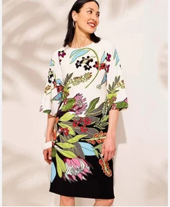 Chico’s Floral Print Shift Dress Women's Sz 2P Tan Kimono Sleeves Graphic Chic - Picture 1 of 9