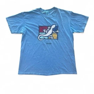 Aruba Caribbean Island Vintage 90s Lizard Chameleon Rare Graphic Blue Tee Sz XL - Picture 1 of 4