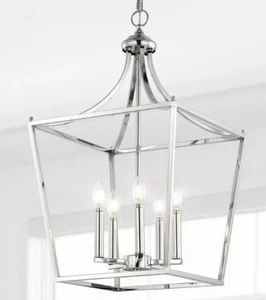 JONATHAN Y 16" Midcentury Lantern Chrome 5 Light Pendant - Visual Comfort Dup - Picture 1 of 2