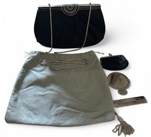 JUDITH LEIBER black satin jeweled clasp clutch bag chain strap handbag Dust Bag - Picture 1 of 12