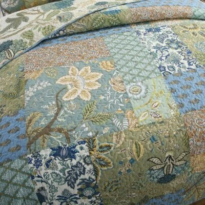 NEW! ~ COZY GREEN BLUE TEAL AQUA IVORY IVORY SAGE BOHO COUNTRY LEAF QUILT SET - Image 1 of 4