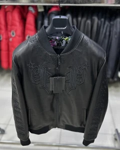 Philipp Plein Black Embroidered Men's Genuine Leather Lambskin Bomber Jacket - Picture 1 of 6