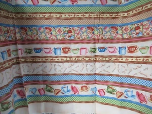 Coffee Fabric Cup Stripe " Lets Do Coffee" Tan Multi Cotton Fabric SBTY X - Picture 1 of 5