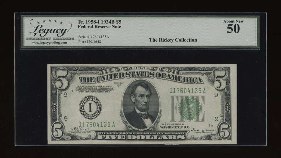 DBR 1934-B $5 FRN Minneapolis Vinson Fr. 1958-I Legacy AU-50 Serial I17604135A - Image 1 of 2