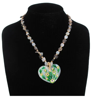 Hand Painted Floral Heart Shaped White Shell Pendant Necklace 18" - Image 1 of 4