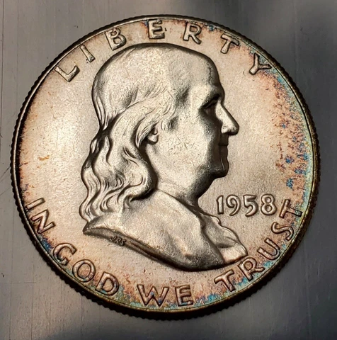 1958 P Franklin Half Dollar Silver US Mint Coin Philadelphia BU UNC TONED Cover