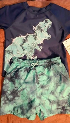 Conjunto de camisa y baúles de natación para niños talla 4T dinosaurio tie-dye azul marino verde azulado protección UV Foto 1 de 4