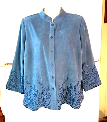 BOB MACKIE WEARABLE ART BLUE EMBROIDERED  MANDARIN COLLAR  FAUX SUEDE JACKET S - Image 1 of 4