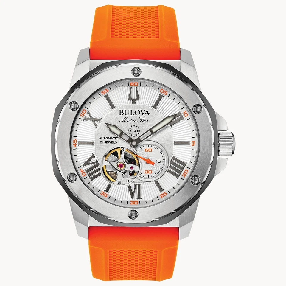 Bulova Marine Star Automatic Silver Dial Orange Rubber Strap Men's Watch 98A226