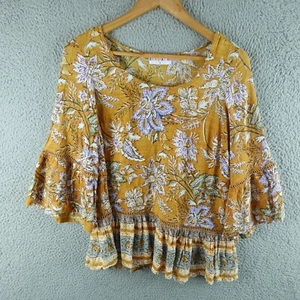 Boom Shankar Womens Top 8 Brown Floral Bell Sleeve Festival Boho Hippie Lounge - Picture 1 of 9