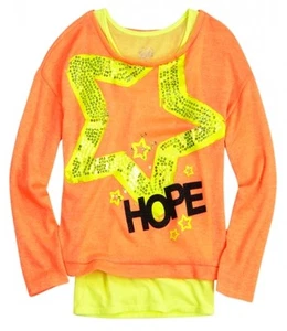 NWT Justice Girls Neon Orange Sequin Star HOPE TooFer Sweater Top 10 NEW - Picture 1 of 1