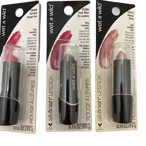 Wet N Wild Silkfinish Lipstick Lot Hot Red Dark Wine and Breeze Brise 3 Pc Lot - Picture 1 of 7