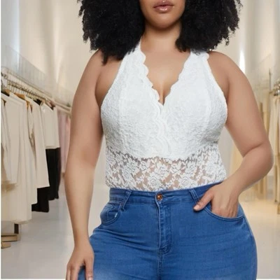 Top Body de Encaje Para Mujer Transparente Cuello Corazón Sin Mangas Espalda Corredora Marfil 2XL Foto 1 de 4