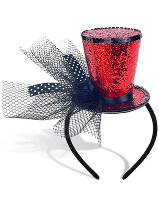 Mini Top Hat on Headband Red Sequin with Veil - Image 1 of 4