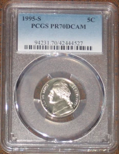 1995 S Proof Jefferson Nickel PCGS grado PR70 DCAM 5c raro TOP POP - Foto 1 di 2