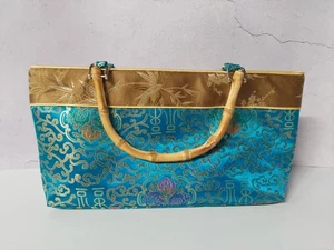 Asiatisches Muster Handtasche Markenlos Mittelblau & Gold Bambus Top Griff Beuteltasche Damen  - Bild 1 von 10
