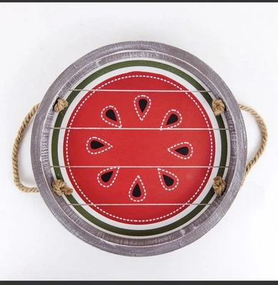 Wood Watermelon Tray 12” Round With Rope Handles - Image 1 of 4