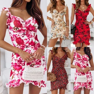 Women Sexy Floral V Neck Bodycon Dress Sleeveless Frill Holiday Beach Mini Dress - Picture 1 of 27