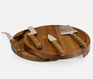 PICNIC TIME TOSCANA ACACIA CIRCO WOOD ROUND CHEESE BOARD 4 TOOLS GIFT SET NEW - Picture 1 of 12