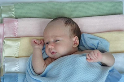 Thermal Waffle Weave Baby Blanket with Satin Nylon Trim blue - Image 1 of 4