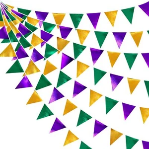 Mardi Gras Party Decorations Purple Green and Gold Metallic Fabric Triangle P... - Picture 1 of 7
