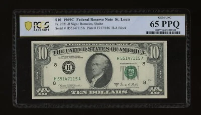 DBR 1969-C $10 FRN St. Louis Gem Fr. 2021-H PCGS-B 65 PPQ Serial H55147115A - Image 1 of 2