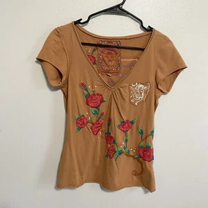 Johnny Was Bohemian Brown Rose Cupid Embroidered Quote My Love Tee Size Small - Picture 1 of 6