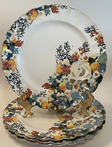 Anthropologie Botanica Floral 10.5” Dinner Plate Scallop Edge Gold Trim Set of 4 - Picture 1 of 8