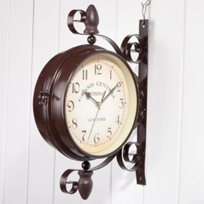 Antique Wrought Iron Wall Clock, Round Wall Hanging Double Sided Two Faces Retro - Image 1 of 4