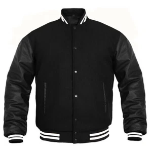 Letterman School college bomber varsity Jacket Black Wool & Real Leather Sleeve - Picture 1 of 4