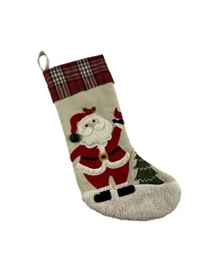 Calze natalizie Babbo Natale a quadretti uccellino rosso campana albero cardinale 18" - Foto 1 di 7