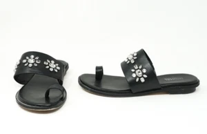 Michael Kors Sonya Embellished Crystal Flat Sandals Black leather 7 1/2 M - Picture 1 of 18