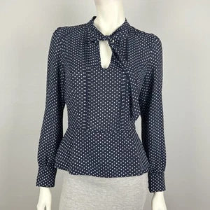 Review Size 10 Top Blouse Shirt Blue Polka Dot Long Sleeve Tie Neck Pussy Bow - Picture 1 of 14