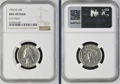 1932 D Washington Silver Quarter 25C NGC MS UNC Details - Cleaned - Image 1 of 4