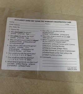 Inserto scheda di registrazione Acclaim Super Nintendo SNES SOLO C-ACL-SNS-USA-1 - Foto 1 di 2