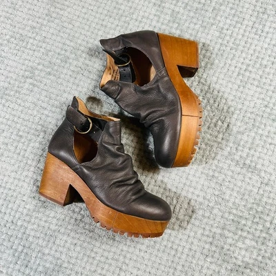 FREE PEOPLE Gray Leather Slouchy Suri Heeled Boho Clogs Buckle Hels 40/9.5 - Image 1 of 4