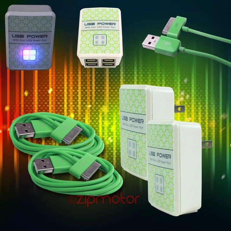 2X 4 USB PORTS WALL ADAPTER+3FT CABLE POWER CHARGER DATA GREEN GALAXY TAB NOTE - Image 1 of 1