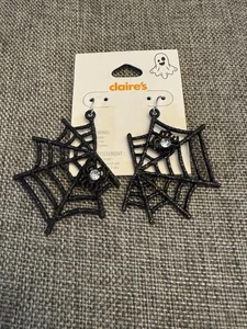 Claire's Spider Web Pierced Dangle Earrings New Rhinestone Wednesday Addams - Picture 1 of 2