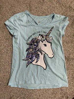 Girls Size 12 Justice Blue Sequin Unicorn Short Sleeve Shirt - Image 1 of 2