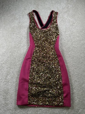 Vestido Wow Couture para mujer pequeño rosa dorado lentejuelas ceñido al cuerpo cruzado espalda fiesta Foto 1 de 4