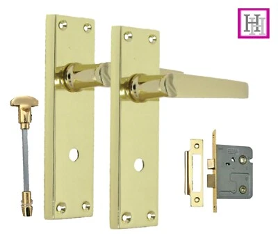 Bathroom Door Handle Brass Finish Lever Straight Handles Internal + Bath Lock - Image 1 of 4