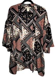 Flying Tomato Kimono Cardigan M/L Black Pink Patchwork Floral Duster Open Front - Picture 1 of 8