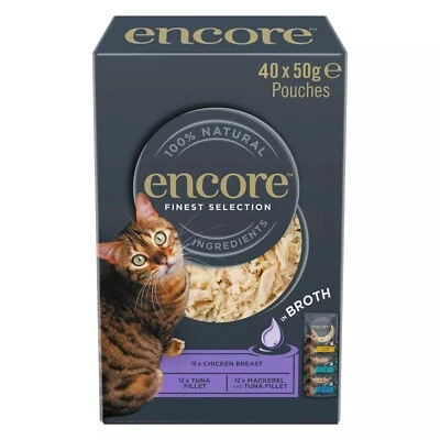 40 x 50g Encore Natural Wet Cat Food Pouches Finest Selection in Broth