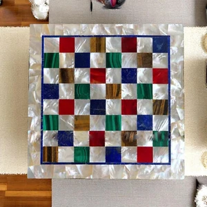 Juego de ajedrez con tapa de mármol blanco de 15" con incrustación de piedras preciosas mop mosaico obras de arte decoración de regalo - Imagen 1 de 8