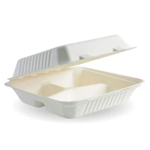 Disposable Bagasse Food Lunch Box 3 Compartment 9"x 9" Takeaway Food Containers - Picture 1 of 4