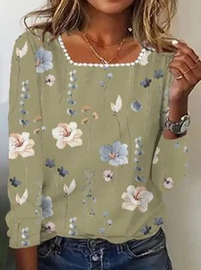 Fashion Women Flower Leaf Print Button Front Beige T-Shirt Casual Long Sleeve - Picture 1 of 4