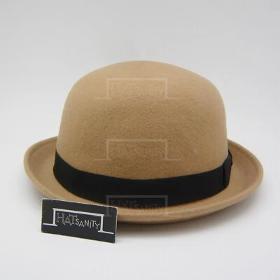 CLASSIC Wool Felt Soft Bowler Hat Women Derby Men Party Unisex | 59cm | Beige - Image 1 of 2