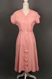 VTG Women's 40s Pink Linen Button Down Cotton Dress Sz S / M 1940s - Picture 1 of 11