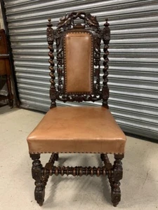 Antique Victorian Hall Chair , Carved Solid Oak & Leather - Picture 1 of 6